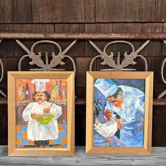 Pair of Chef Oil Paintings by Artist Renee Brown featuring Chefs Cooking - Picture 1 of 10